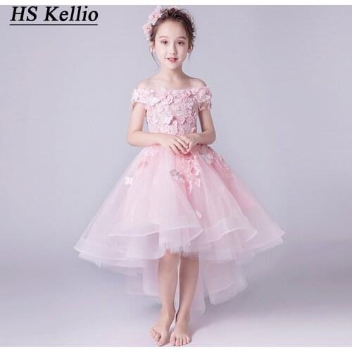 HS Kellio Flower Girl Dresses For Weddings Off Shoulder Lace Appliques Little Girls Party Dress High Low