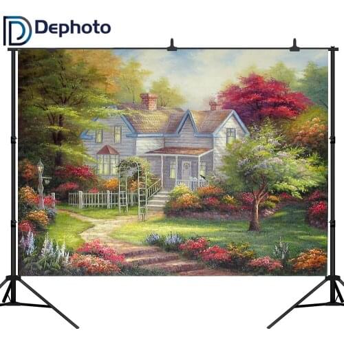 DePhoto Spring Scenery photography backdrops Fairy Tale Forest Flowers grass house Children Newborn Photo Background