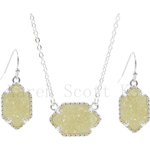 Druzy Drusy Necklace Earrings Jewelry Set Oval Hexagon style Resin Color Dangle Earings for Women Party Wedding gift