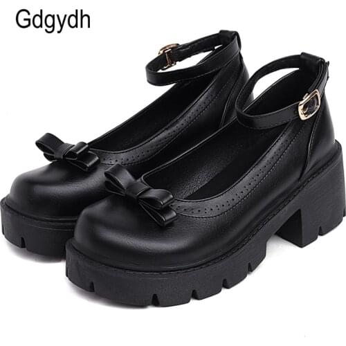 Gdgydh Bowknot Round Toe Ankle Buckle Lolita Shoes Girls Spring Summer Platform Heel Dropship Student Shoes College Girl Lolita