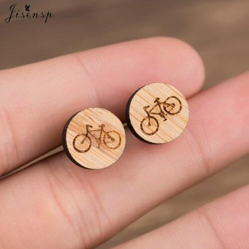 Jisensp Unique Design Vintage Bicycle Stud Earrings Handmade Wooden Earrings Fashion Jewelry for Women