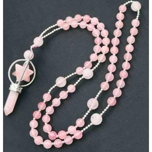 KFT Natural Healing Reiki Rose Pink Quartz Pendulum Hexagon Merkaba Round Beads Long Chain Stone Pendant For Women Men Necklace
