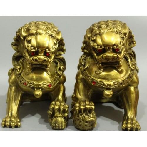 SCY Chinese Bronze Guardian Foo Fu Dog Phylactery Door Lion bALL Kid Pair Sculpture R0711