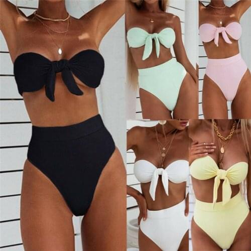 Solid Bikini Set Push Up Tube Sexy Bikinis Set Woman Bow Tie Swimwear Brazilian Female Swimsuit Beachwear Women Swimming Suits