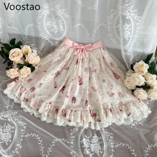 Sweet Lolita Style Princess Mini Skirts Japanese Girls Lace Ruffles Bow Black JK Skirt Women Gothic Floral Print Party Skirts