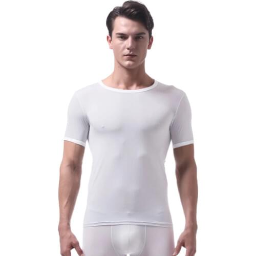 Man Undershirts Ice Silk Ultra-thin Sheer T Shirts Short Sleeves See Through Tops Fitness Sleepwear Camisetas Plus Size Top Tee