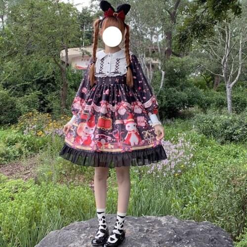 Japanese Sweet Lolita Soft Girl Long Sleeve Dress Spring Autumn Diablo GothicPeter Pan Collar Cartoon Cat Kawaii Lolita Dresses