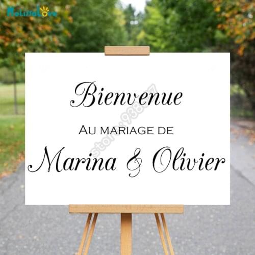 French Wedding Personalized Decal Bienvenue Au Mariage De Custom Name And Date Sticker Removable Vinyl Board Mirrors Decor SE003