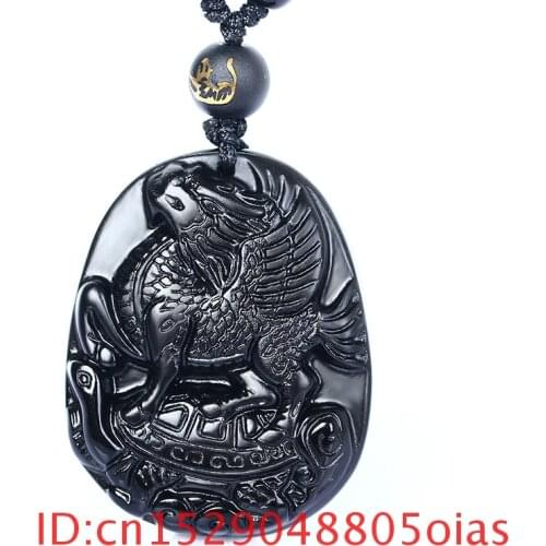 Natural Black Obsidian Beads Necklace Hand-Carved Dragon Horse Jade Pendant Charm Jewelry for Man Women Amulet Auspicious Gifts