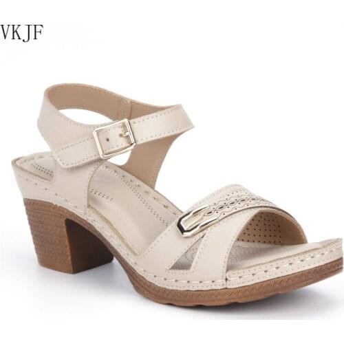 New Womens Sandals Elegant Square Heel Summer Shoes Workout Breathable Pu Leather Female Footwear Plus Size White Dress Shoes
