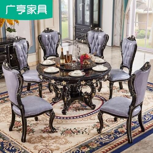 Ou eat desk and chair combined with ebony color small family 6 person marble table, solid wood table light excessive round table
