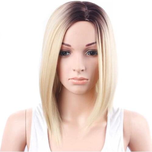 Bob Wig Synthetic Short Straight Bob Wigs Ombre Hair Side Part For Women Heat Resistant Fiber Shoulder Length Fake Hair