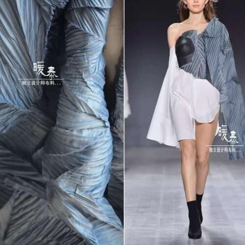 Louver Pleated Fabric Retro Blue Miyake Folds DIY Patchwork Art Painting Decor Clothes Pants Skirt Dress Designer Fabric