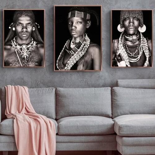African Tribal People Portrait Wall Art Canvas Painting Tribal Women Men Posters and Prints Decorative Pictures for Living Room