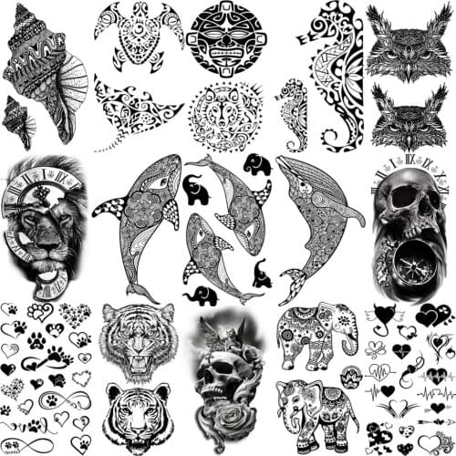 Realistic Mandala Whale Temporary Tattoos For Women Adult Men Tribal Tatoo Skeleton Tiger Skull Elephant Fake Tattoo Small