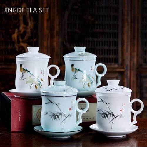 Hand Painted Ceramics Teacup with Cover Filter Water Cup Office High Capacity Tea Infuser Household White Porcelain Tea Cup