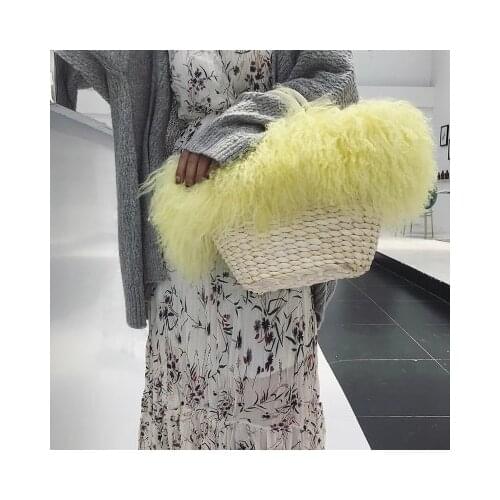 Fashionable long hair curly mongolian Lamb fur handbag real Tibetan sheep fur crossbody bag goat fur shoulder Straw Beach Bag