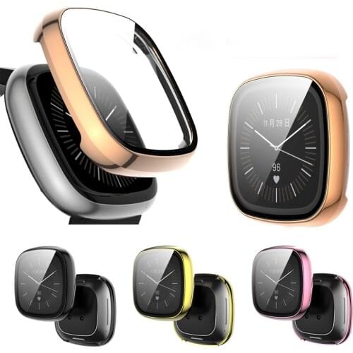 TPU Soft Edge Full Glass Screen Protector Case Shell Frame For Fitbit Versa 3/Sense Smart Watch Versa3 Protective Bumper Cover