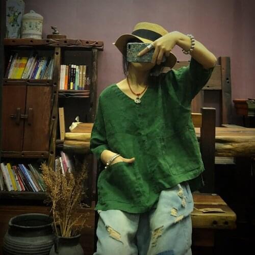 Women Retro Linen V neck Irregular Tops Blouse Shirts Ladies Solid Color Vintage Female Shirt Blouses Female 2020 Summer