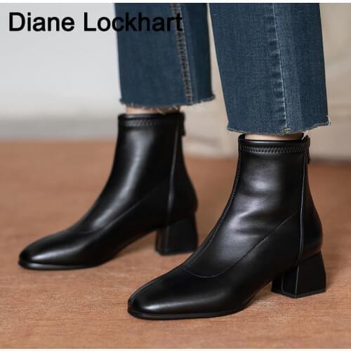 NEW Womens Chelsea Boots Faux Leather Ankle Boots Thick Heel High Heels Shoes Woman Female Socks Boots 2020 Autumn Winter 31 32