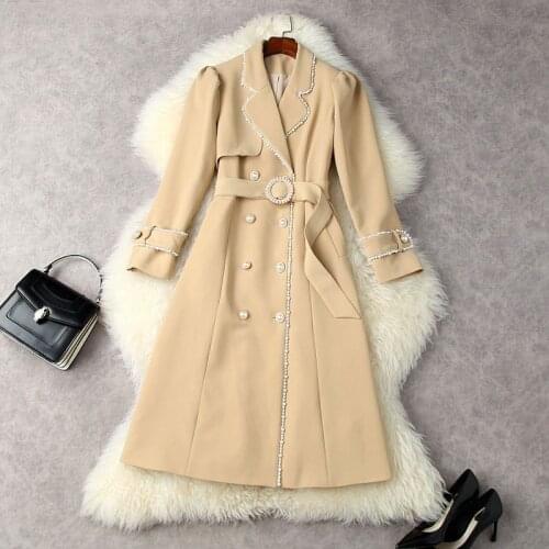 Korean 2021 autumn and winter temperament women solid color nail bead double breasted suit collar versatile trench coat