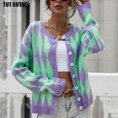 Woman Sweaters Green Purple Diamond Plaid Retro Sweater Womens Plaid Knitted Cardigan Femme Chandails Pull Hiver