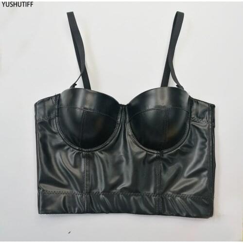 Top Women 2021 Sleeveless Short Sexy Black Camis Tops With Built In Bra Push Up Bralette PU Leather Nightclub Performance