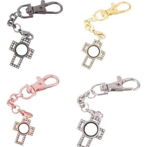 1pcs Cross round crystal Alloy Floating charm Locket Keychain with Lobster clasp DIY twist memory Glass locket Key chain