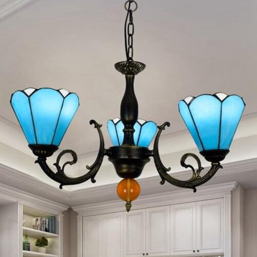 European-Style Modern Mediterranean Creative Tiffany Colored Glass Blue Living Room Dining Room Bedroom Bar 3 Chandelier