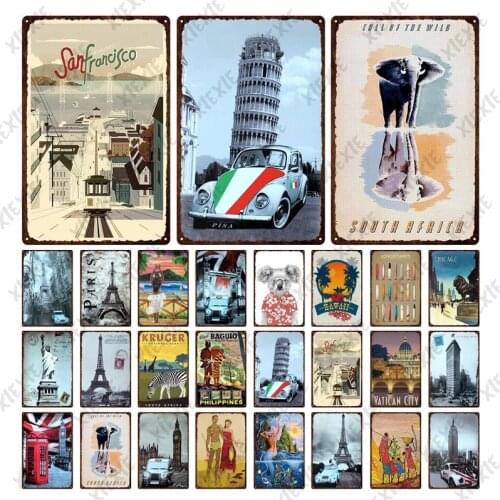 City Landscape Tin Signs Metal Retro Poster Plaque Building Car Wall Decor for Bar Club Shop Garage Sticker Art Iron Painting