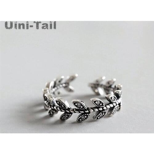 Uini-Tail hot new 925 sterling silver fashion small leaves micro-inlaid ring tide flow sweet retro leaf open ring high quality