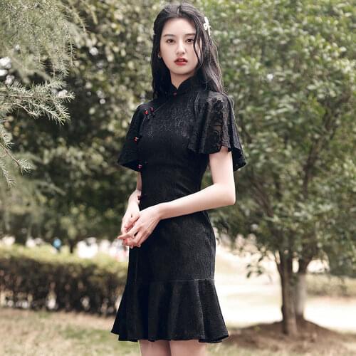 Short Lace Cheongsam Dress Girls Daily Wear Party Black Qipao Chinese Traditional Clothing