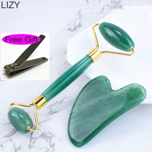 LIZY High Quality Dongling Green Jade Roller Massager Scraping Massage Roller Lifting Beauty Tool for Skin Wrinkle with Arc Pole