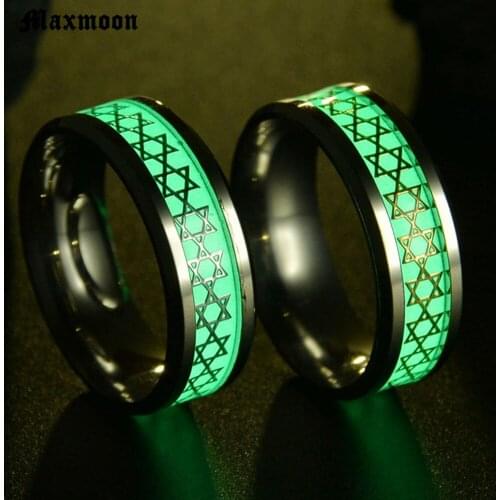 Maxmoon Stainless Steel Magen Star of David Glow in Dark Ring Men Women Personalized Luminous Wedding Band Male Wedding Rings