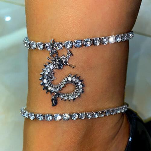 BYNOUCK Multilayer Rhinestone Tennis Anklet for Women iced out Dragon Charms Pendants Foot Bracelet Beach Dangle Jewelry Gifts