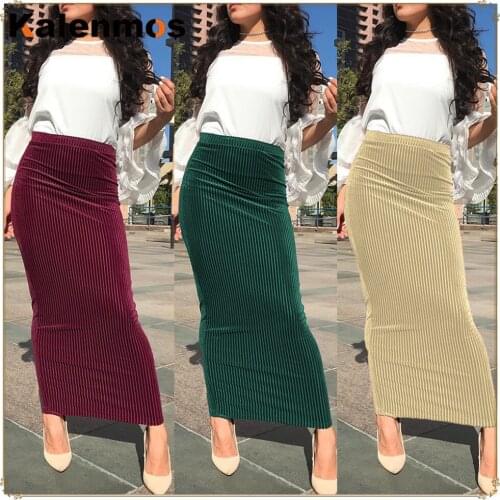 Muslim Skirt Women Pure High Elastic Stirpe Knit Skinny Bodycon Slim Turkey Africa Party Dubai Sexy Hip Vintage Pencil Bottom