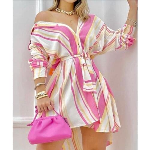 Long-Sleeved Shirt Dress Casual Womens Irregular Shirt Striped Loose Slim Short Skirt 2021 Fall New European American Clothing