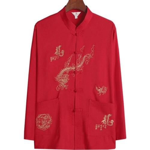 Retro Men Chinese Traditional Hanfu Shirt Embroidery Dragon Kung Fu Uniforms Spring Cotton Tang Clothes Casual Tai Chi Shirts