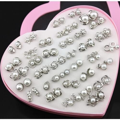 36 pairs Mix Lot Silver Color Imitaton Pearls Earring Studs Allergy Free Star Flower Triangle Shapes