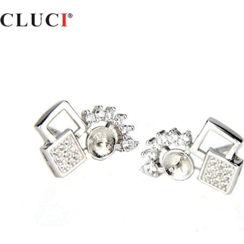 CLUCI 925 Sterling Silver Double Square Stud Earrings For Women Wedding Silver 925 Pearl Earrings Mounting Stud Earrings SE031SB