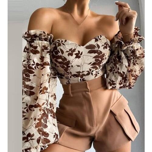 Women Blouse Printed Lantern Sleeve Pullover Shirts Fashion Ladies Tops 2021 Summer Slash Neck Elegant Office Slim Blouses