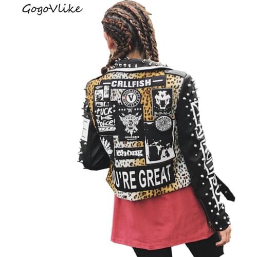 Punk Wild Leopard Rivet Jacket 2017 women Rock PU leather Motorcycle Band Coat chaquetas de mezclilla mujeres LT162S15