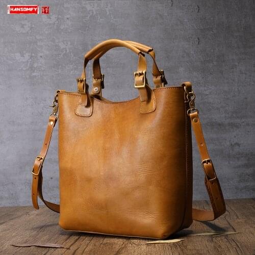 New Genuine Leather Women Handbags Portable Female Briefcase Vintage Handmade Leather Shoulder Diagonal Bag Leather Tote Bags