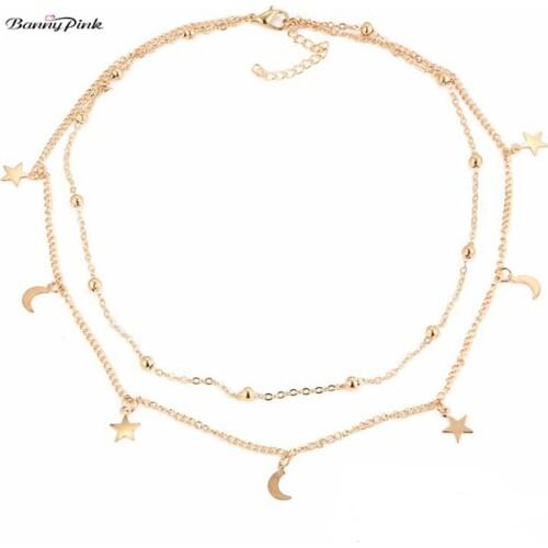 Banny Pink New Hot Star Crescent Moon Choker Necklace For Women Beach Layer Metal Clavicle Chain Collar Pendant Chokers Colliers