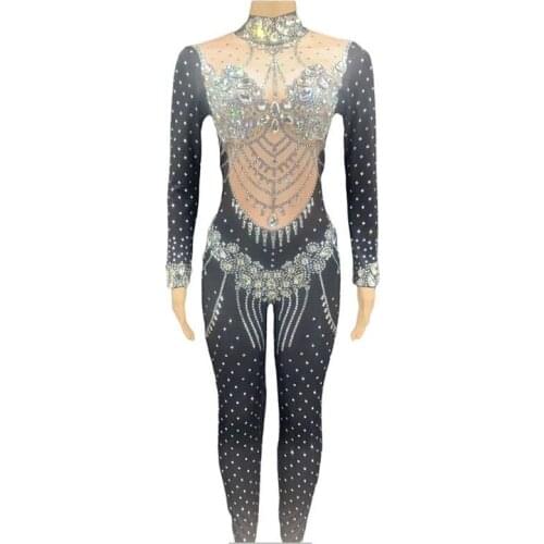 New Sparkly Silver Crystals Chains Jumpsuit Black Stones Fringes Female Singer Evening Birthday Party Stage Sexy Jumpsuit