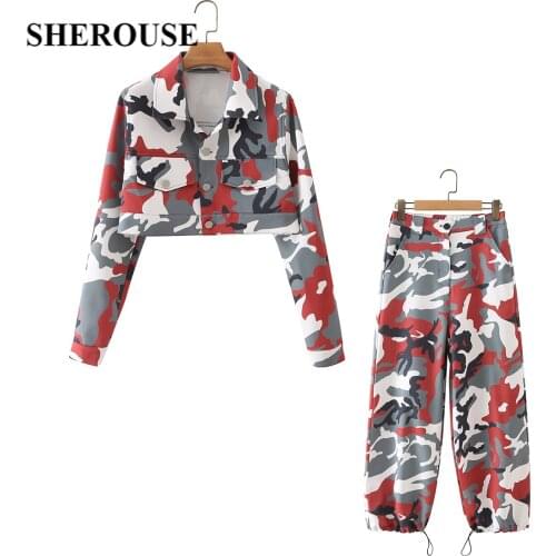 2021 Two Piece Set Women Printed Cropped Jackets and Trousers Chic Lady Fashion Casual Outfits Women Pants Sets