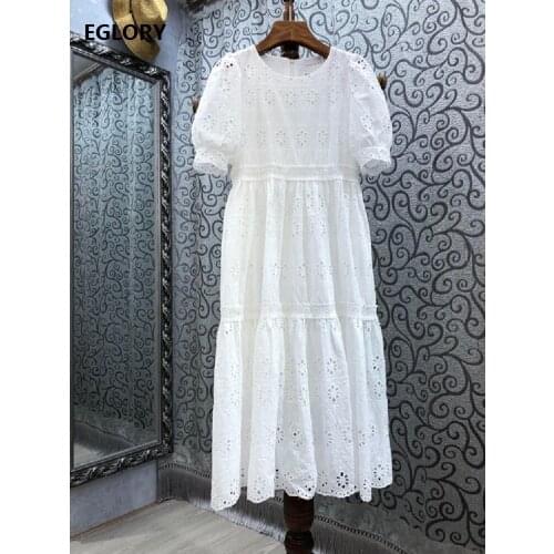 100%Cotton Embroidery Dress 2021 Summer Style Women O-Neck Hollow Out Flower Patterns Short Sleeve Mid-Calf Casual White Dress