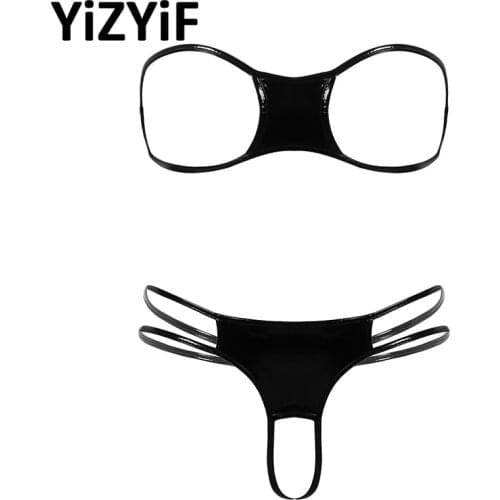 Womens Wet Look Patent Leather Erotic Lingerie Set Sexy Strapless Open Cups Bra Top With G-string Thongs Underwear Set Nightwear