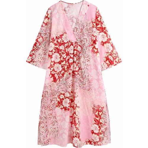 Summer womens casual flower print V-neck short-sleeved dress