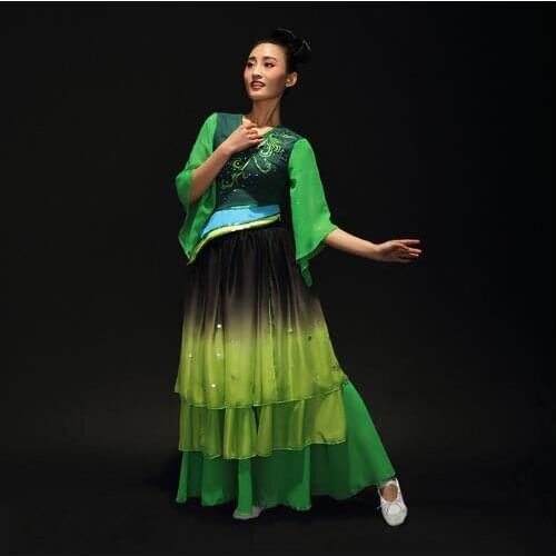 0113) Women Embroidery Chinese classical dance costumes yangko/fan poetic green Luoqun Gradient color stage performance clothes